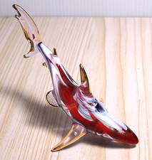 Maroon Blue Shark figurine handmade blown glass art gold trim 4.25" Gift decor picture