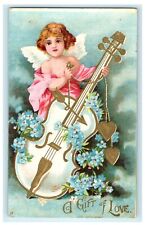 1907 Valentine Cupid Angel Holding Guitar Melodies Embossed Antique Postcard  picture