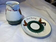 1950’s VTG Plichta ‘good Morning ‘ Pitcher &Saucer Rooster London Chickens EUC picture