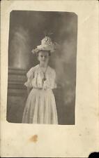 RPPC young woman ugly dress very odd hat fashion ~ real photo postcard 1906-1912 picture