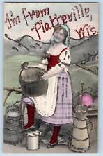 c1910's I'm From Platteville Cow Milk Woman Wisconsin WI Correspondence Postcard picture