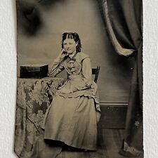 Antique Tintype Photograph Beautiful Young Woman Unknown Box On Table Curtain picture