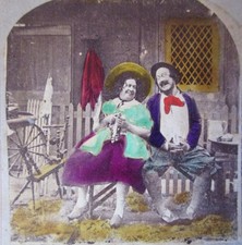 Stereoview Card Rustic Courtship in Flanders Hand Tinted Humorous Genre picture