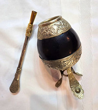 VTG Argentine Yerba Mate Gourd Cup Alpaca Silver Tripod Stand & Bombilla Straw picture