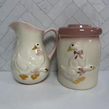 Vintage Pink Bow Geese Pitcher & Cannister w/ Lid Set - Pink & White - Ceramic picture