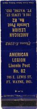 Fort Wayne, Indiana American Legion Lincoln Post No. 82 Vintage Matchbook Cover picture