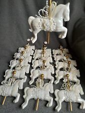 Gorgeous Vintage Set Of 16 Ornate Pearlized White Carousel Horse Ornaments  picture