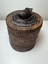 Vintage Carved Wooden Bird, Woven Basket, Wood Base, Trinket Box Art picture