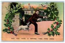 Christmas Dog Bite Man Running Holly Berries Bamforth Niagara Falls NY Postcard picture