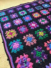 Rainbow Granny Squares Knit Handmade Crochet Afghan Blanket Throw Vintage 72x56 picture