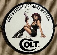1952 COLT’S PATENT FIRE ARMS MFF CO USA GIRL PINUP PORCELAIN ENAMEL GARAGE SIGN picture