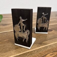Pair Of Vintage Silver Trick Riding Standing on Horse Wooden & Marble Bookends picture