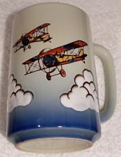 Vintage Otagiri Japan Sky Blue Coffee Mug Cup 3D Bi-Plane Airplanes Clouds picture
