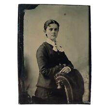 Serious White Bow Woman Tintype c1870 Antique Lady 1/6 Plate Girl Photo A3423 picture
