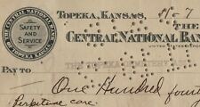 Vintage 1922 Bank Check Cheque CENTRAL NATIONAL BANK OF TOP0EKA Kansas Cartouche picture