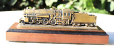 Vintage Collectible Train Metal Brass Locomotive Wooden Base RARE 7” picture