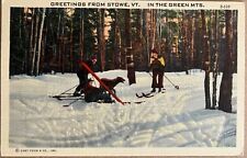 Stowe Vermont Green MountaIns Snow Skiers with Dog Vintage VT Postcard 1940 picture