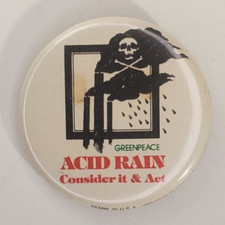 Vintage Greenpeace Acid Rain  Consider It And Act  Pinback Button  skull image picture