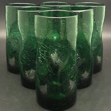 Rainbow Glass Green Pinched Dimple Handled Crackle Tumblers 6pc 1954-73 USA 6