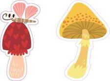 1 sheet of 2 Red and Yellow Mushroom Stickers, 1 at 1.5in x 3in, 1 at 2in x 3in picture