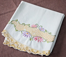 Vintage Cotton Handmade Pillowcase w/Floral Embroidery & Crochet Trim picture