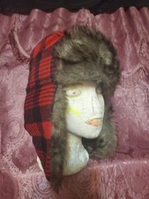 Red Plaid Flannel  Winter Hat , Faux Fur Lined Ear Flaps  &Fur Trim size S...M picture