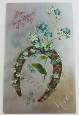 Vintage Postcard Many Happy Returns Lucky Horseshoe Flowers Embossed 1908 picture