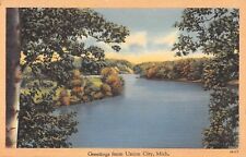 Greetings From Union City Michigan River Linen 1940s Postcard picture