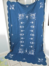 Vintage Tablecloth Blue Scalloped Edge Floral Flower Applique Banquet 62x99 picture