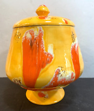 Vintage MCM Barb Pottery Yellow Glaze Orange Drip ceramic Kitchen Jar with Lid picture