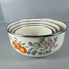 Vintage Set Of 4 Nesting Enamel Mixing Bowls With Orange And Purple Fruit picture