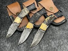 Handmade Damascus Steel LOT OF 3PCS Pocket Folding Knife BL-2349W/Leather Sheath picture