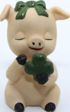 Vintage Lefton Sweet Lucky Pig Clover Shamrock Bisque Ceramic Porcelain Figurine picture