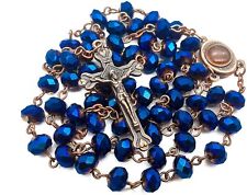 Deep Blue Crystal Beads Rosary Catholic Necklace Antique Holy Soil Medal & Cross picture