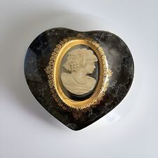 Vintage ceramic Faux marble Trinket Box Heart With Gold framed Cameo Japan picture