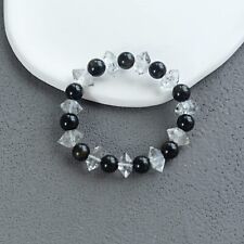 Women Herkimer Diamond Black Obsidian Natural Crystal Beads Elastic Bracelet picture