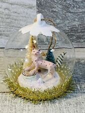 Anthropologie Arctic Glass Snow Globe Bottle Brush Tree Pink Fox Ornament picture