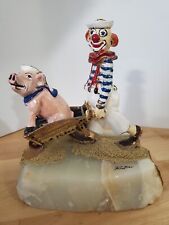  RON LEE 1985 Brass Enamel CLOWN Pushing a Pig in a Wheelbarrow on Onxy Base picture