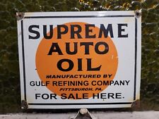 VINTAGE SUPREME AUTO OIL PORCELAIN GULF CO. GAS PUMP PLATE SIGN FOR SALE HERE picture