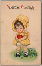Vintage 1910s VALENTINE GREETINGS Postcard Little Girl / Yellow Dress & Bonnet picture