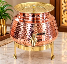 Pure Copper Water Dispenser Matka 6 Lt Hammered Container Pot with Brass Stand picture
