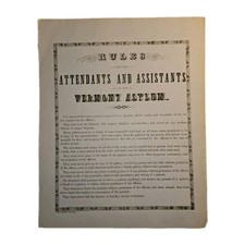 c1855 Vermont Asylum Insane Rules Broadside Brattleboro Psychiatry Mental Health picture