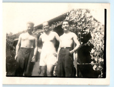Vintage Photo 1940s, WW2 US Navy 3 Sailors Shirtless outside barracks, 3.5 x 2.5 picture