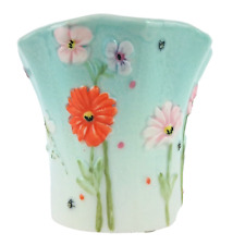 Yankee Springtime Candle Holder Faded Blue Embossed Multicolor Flowers Retired picture