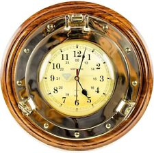 Elite Nautical Solid Brass Porthole Time's Wall Clock with Wooden Rosewood Base picture