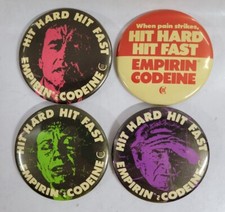 Vtg Lot of 4 Empirin Codeine "Hit Hard Hit Fast" Pharmaceutical Button/Pinback picture