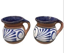Made in Mexico Hand-Painted Mexican Clay Jarritos Coffee Mug Set of 2 White Blue picture