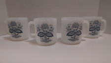 Vintage 1970s GlasBake Milk Glass Blue Onion Cups D Handle Set of 4 picture