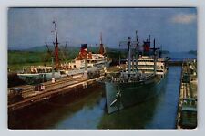 Panama Canal-Panama, Gatun Locks, Ships at Dock, Antique Vintage Postcard picture