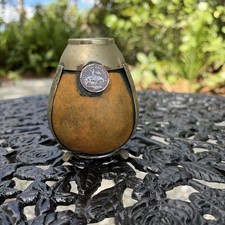 Yerba Mate Gourd Cup with Argentine Silver Coin Horse Embellishment picture
